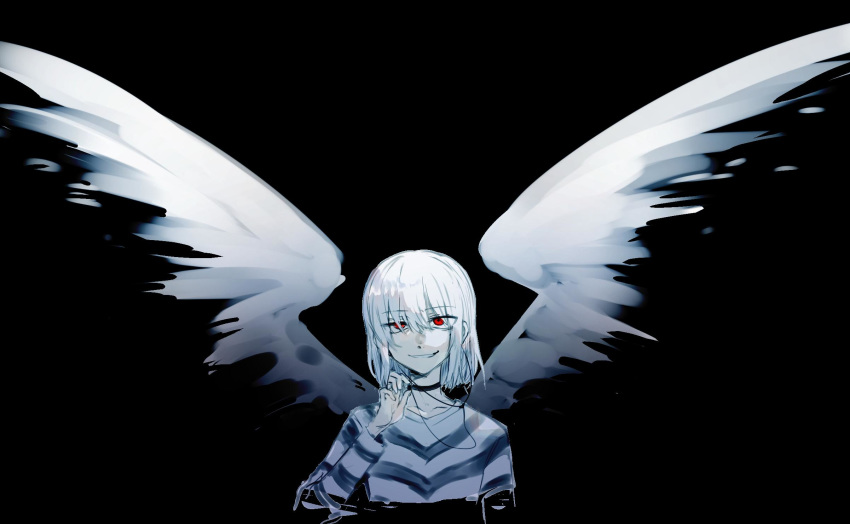 accelerator angel_wings black_background black_choker buttoniris choker commentary english_commentary hand_up highres long_sleeves looking_at_viewer red_eyes sanpaku shirt simple_background smile striped striped_shirt to_aru_majutsu_no_index white_wings wings