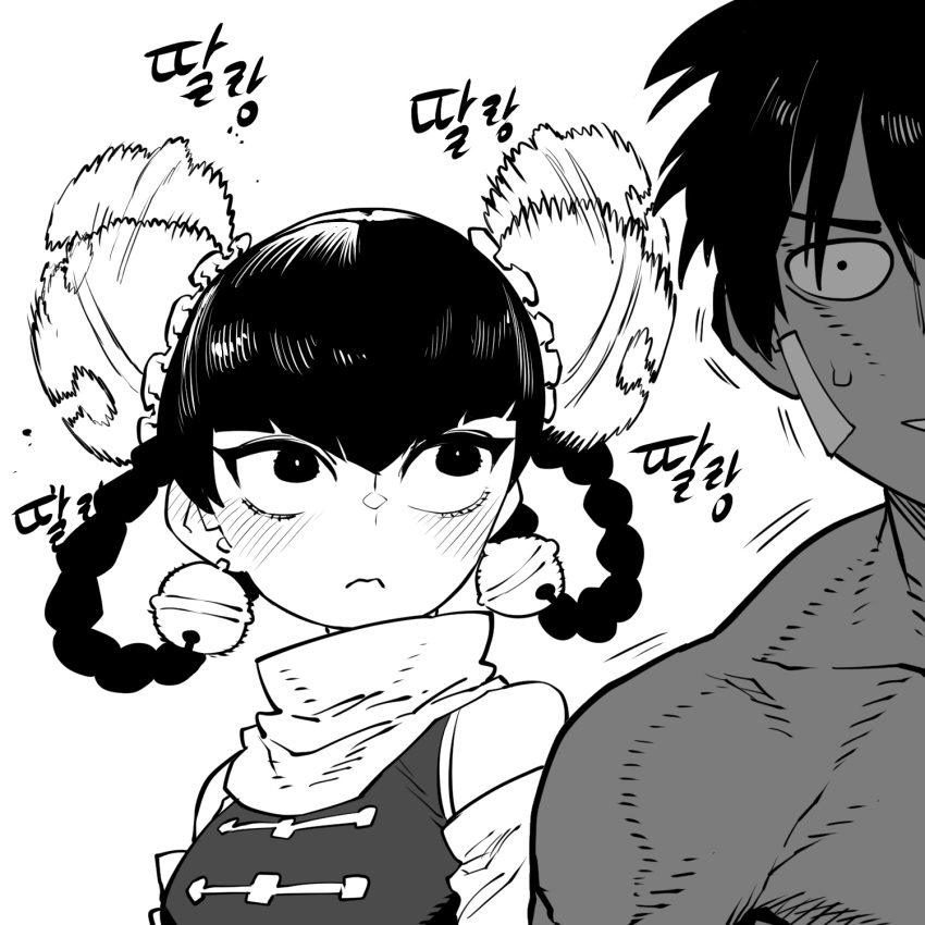 1boy 1girl afterimage bandage_on_face bangs bare_shoulders bell bell_earrings black_hair blush braid breasts china_dress chinese_clothes dark_skin dress earrings greyscale hair_bell hair_ornament highres idohj12 jewelry lin_lin_(one-punch_man) monochrome motion_blur motion_lines one-punch_man scarf small_breasts suiryuu_(one-punch_man) sweatdrop twin_braids