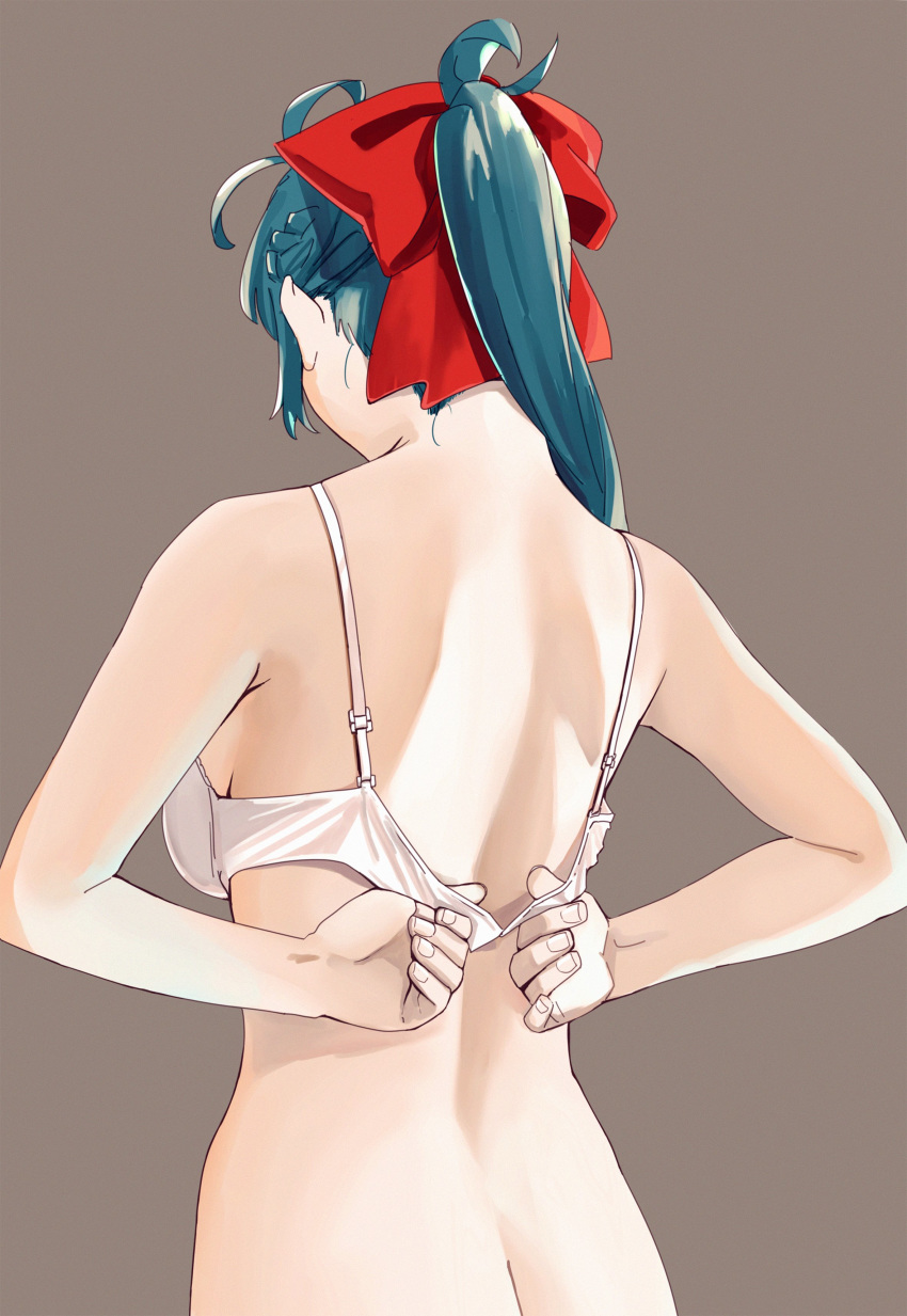 1girl absurdres adjusting_bra adjusting_clothes arms_behind_back back bangs bare_arms bare_shoulders blue_hair bra breasts dressing eyebrows_visible_through_hair from_behind hair_ornament hair_ribbon highres irako_(kantai_collection) kantai_collection long_hair ojipon ponytail ribbon simple_background solo underwear underwear_only upper_body white_bra
