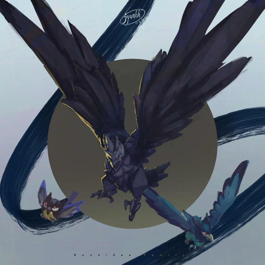 bird bird_focus character_name commentary_request corviknight corvisquire creature flying full_body gen_8_pokemon grey_background highres jyunhh no_humans pokemon pokemon_(creature) rookidee signature simple_background
