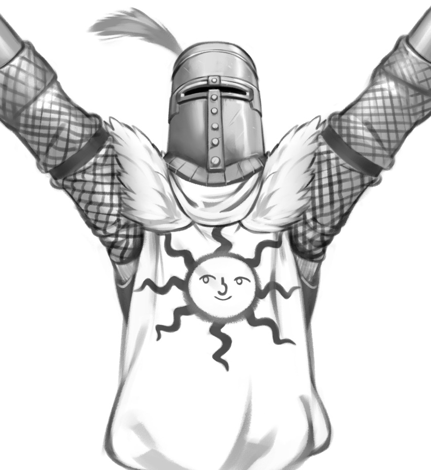 1boy armor arms_up chainmail dark_souls full_armor greyscale helmet highres kelvin_hiu knight lenny_face male_focus monochrome plume pose praise_the_sun solaire_of_astora solo souls_(from_software) tabard visor_(armor)