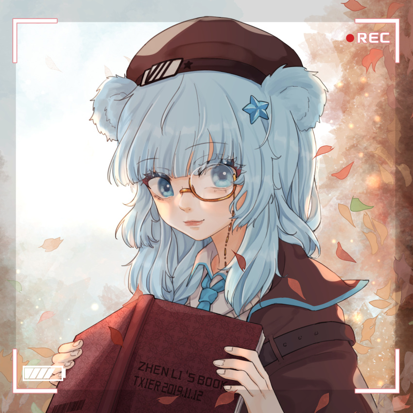 1girl animal_ears arknights bangs bear_ears beret blue_eyes blue_hair blue_neckwear book brown_headwear brown_jacket chinese_commentary commentary_request eyebrows_visible_through_hair hair_ornament hat highres holding holding_book istina_(arknights) jacket long_hair looking_at_viewer monocle shirt smile solo star star_hair_ornament upper_body white_shirt ya_kexi