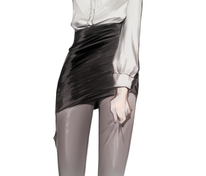 1girl black_skirt buttoniris commentary english_commentary facing_viewer grey_legwear head_out_of_frame highres lower_body miniskirt original pantyhose pencil_skirt shirt simple_background skirt solo standing white_background white_shirt