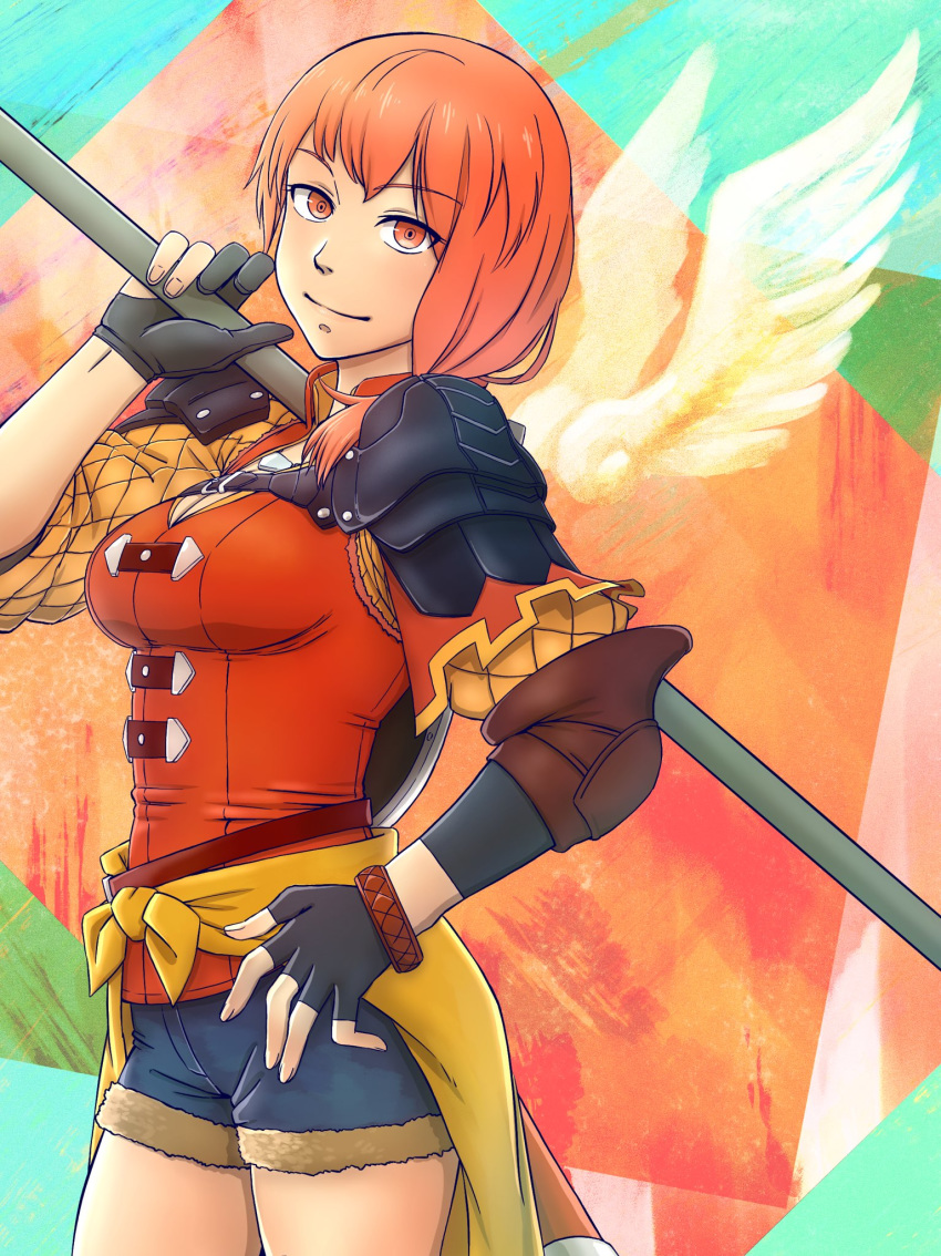 1girl aduti_momoyama breasts elbow_pads eyebrows_visible_through_hair fire_emblem fire_emblem:_three_houses gloves highres holding holding_weapon leonie_pinelli looking_at_viewer medium_breasts orange_eyes orange_hair over_shoulder partly_fingerless_gloves pauldrons polearm short_hair shorts side_ponytail smile solo spear weapon weapon_over_shoulder wings