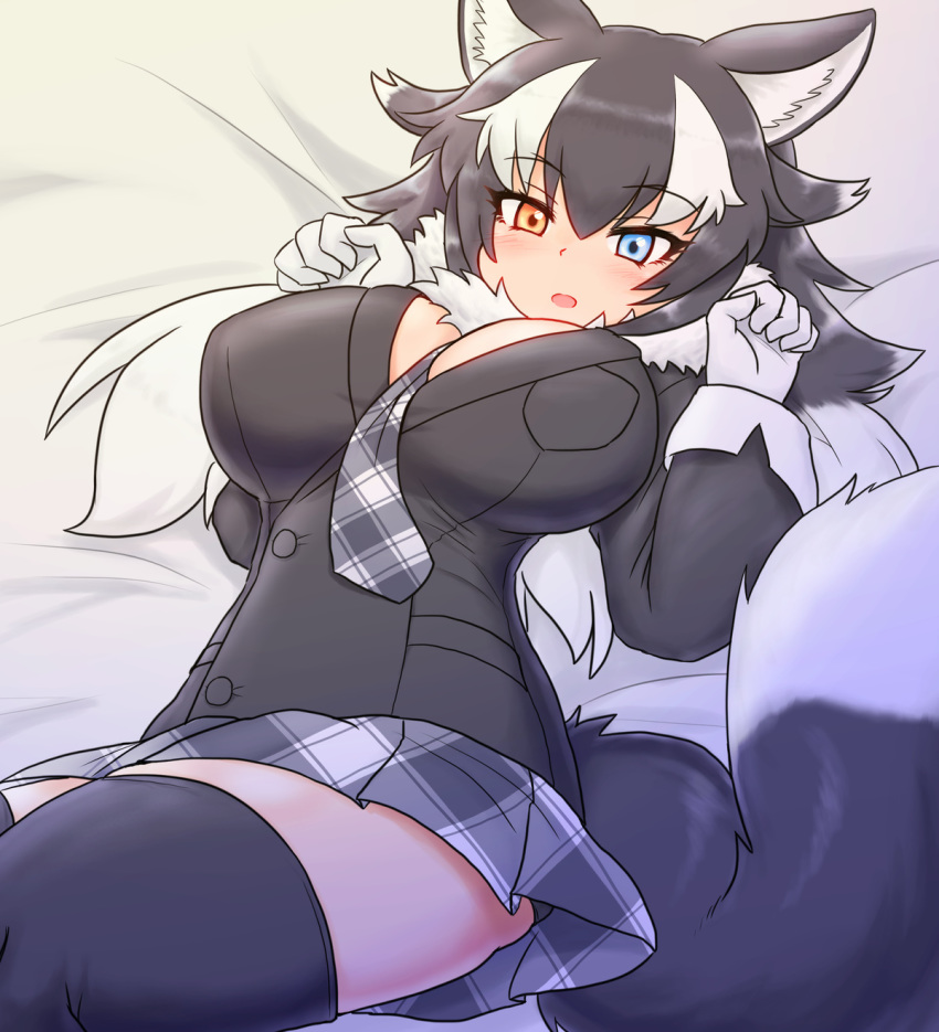 1girl animal_ears bed between_breasts black_legwear blue_eyes blush breast_pocket breasts commentary commentary_request eyebrows_visible_through_hair fur_collar gloves grey_wolf_(kemono_friends) heterochromia highres kemono_friends large_breasts long_hair looking_at_viewer lying mo23 multicolored_hair necktie necktie_between_breasts on_back open_mouth pocket solo tail thigh-highs two-tone_hair white_gloves wolf_ears wolf_girl wolf_tail yellow_eyes zettai_ryouiki