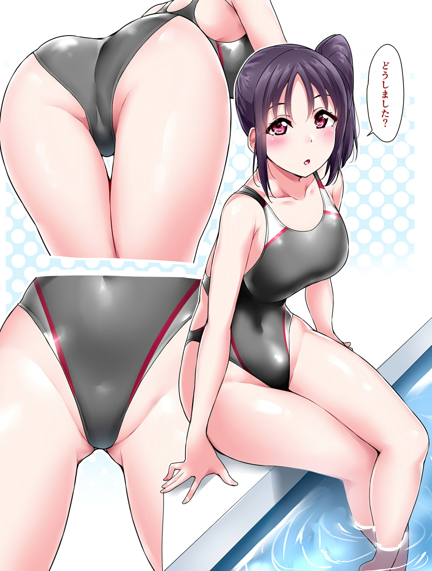 1girl :o absurdres ass bangs blush breasts hair_ornament highres huge_filesize kazuno_leah large_breasts long_hair looking_at_viewer love_live! love_live!_sunshine!! navel purple_hair solo swimsuit thigh-highs translated twintails violet_eyes water yopparai_oni