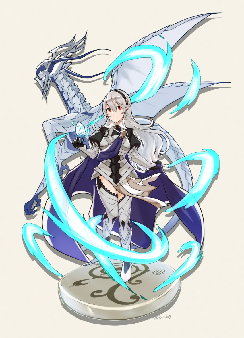 1girl armor black_gloves black_hairband blue_cape cape closed_mouth corrin_(fire_emblem) corrin_(fire_emblem)_(dragon) corrin_(fire_emblem)_(female) fire_emblem fire_emblem_fates gloves hairband highres long_hair rarudo7 red_eyes simple_background smile twitter_username white_background white_hair