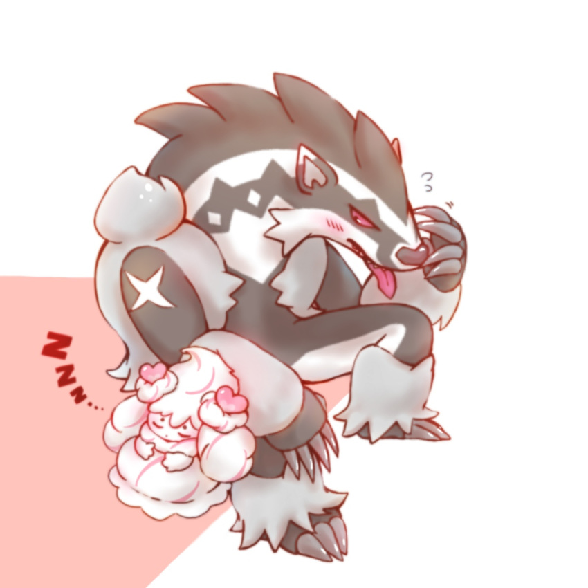 alcremie alcremie_(love_sweet) alcremie_(vanilla_cream) blush claws closed_eyes creature gen_8_pokemon kumagorou_(pixiv874406) looking_at_another obstagoon onomatopoeia pokemon pokemon_(creature) sitting sleeping tongue tongue_out zzz