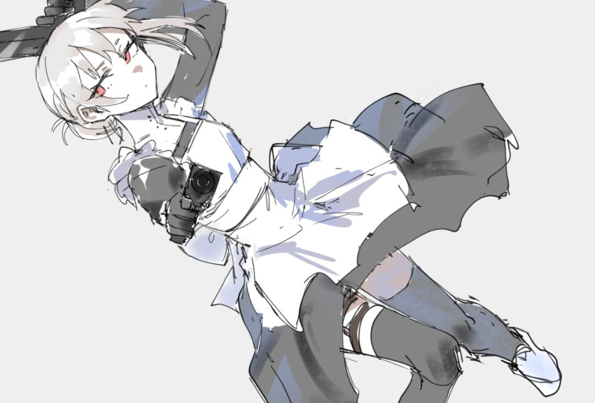 1girl aiming_at_viewer alternate_costume apron arm_above_head black_dress blonde_hair buttoniris closed_mouth dress dual_wielding dutch_angle enmaided gun hair_bun hand_up handgun holding holding_gun holding_weapon leg_strap looking_at_viewer maid maid_apron original pistol red_eyes simple_background sketch solo symbol_commentary thigh-highs two_(buttoniris) weapon white_background
