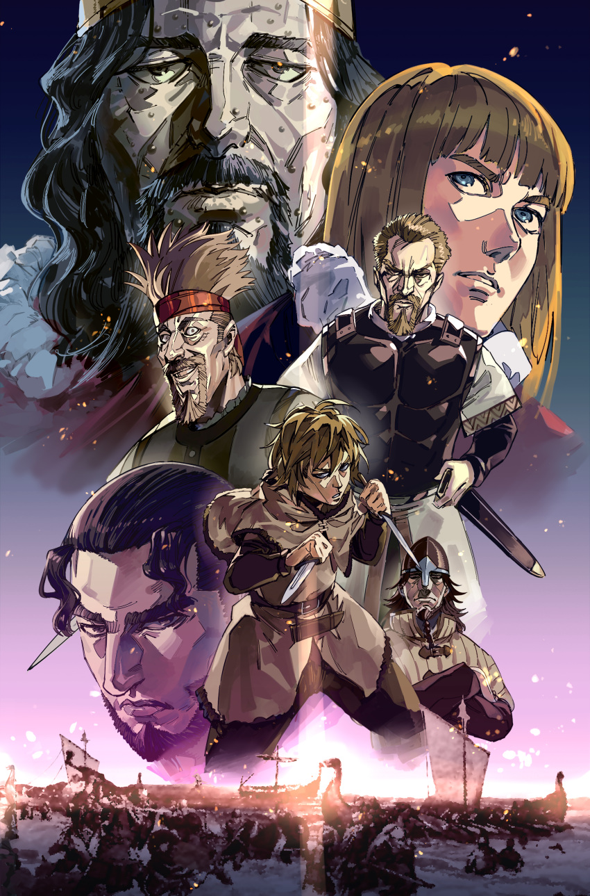 6+boys absurdres askeladd beard bjorn_(vinland_saga) black_eyes black_hair blonde_hair blue_eyes breastplate character_request closed_mouth drakkar dual_wielding facial_hair fighting_stance grin headband helmet highres holding holding_knife knife looking_at_viewer male_focus multiple_boys mustache parted_lips ruukii_drift sanpaku scabbard sheath ship smile soldier sweyn_(vinland_saga) thorfinn thorkell viking vinland_saga watercraft