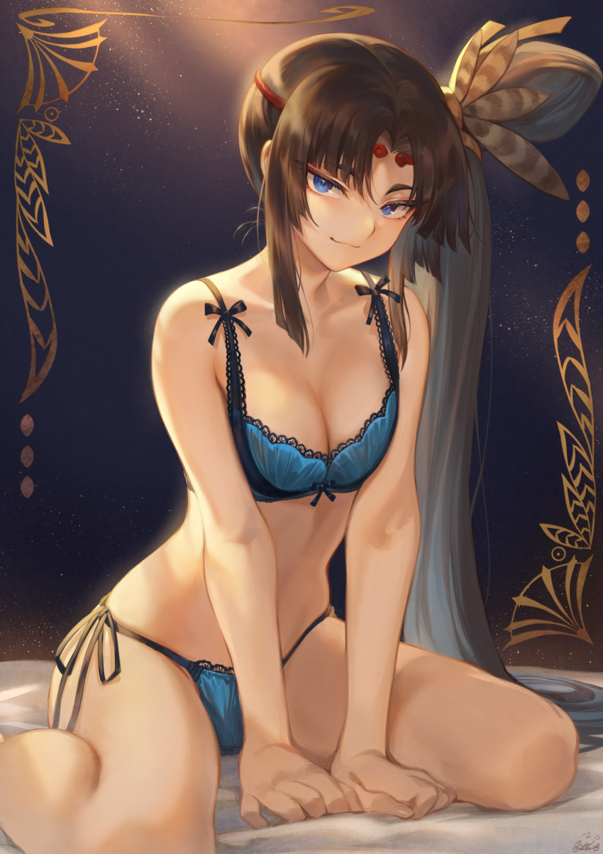 1girl bangs bare_shoulders black_hair blue_bra blue_eyes blue_panties blush bra breasts circlet closed_mouth collarbone fate/grand_order fate_(series) feathers hair_feathers highres lace lace-trimmed_bra lace-trimmed_panties long_hair looking_at_viewer mashuu_(neko_no_oyashiro) panties parted_bangs side_ponytail sitting small_breasts smile solo thighs underwear ushiwakamaru_(fate/grand_order) wariza