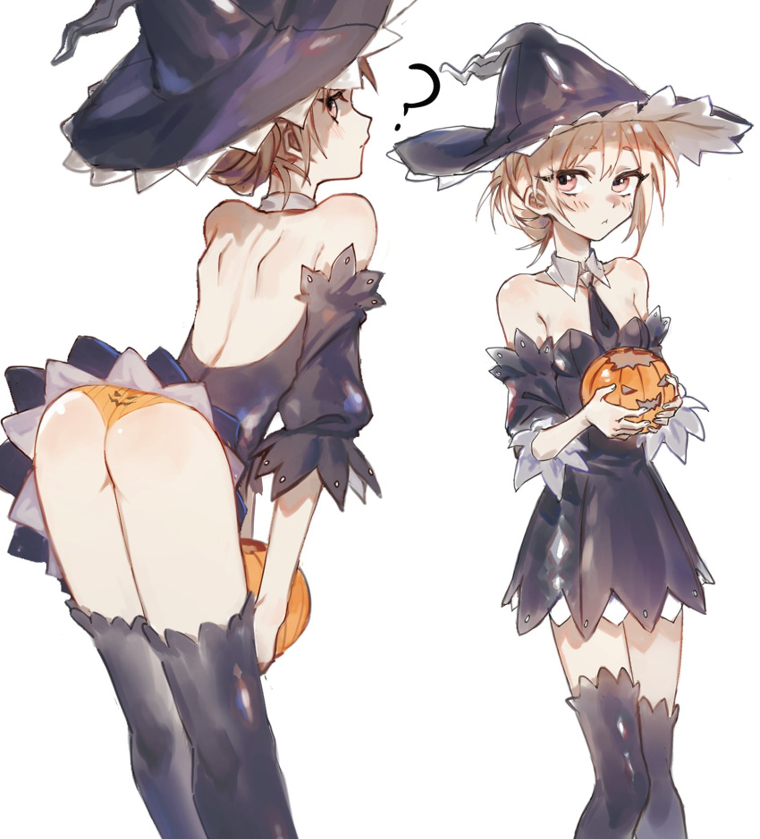 1girl :&lt; ? ass backless_dress backless_outfit bare_shoulders bent_over black_dress black_legwear black_neckwear blush buttoniris closed_mouth commentary detached_collar detached_sleeves dress english_commentary hair_bun halloween_costume hat highres jack-o'-lantern looking_at_viewer necktie orange_panties original panties pink_eyes purple_headwear simple_background solo standing thigh-highs two_(buttoniris) underwear white_background wing_collar
