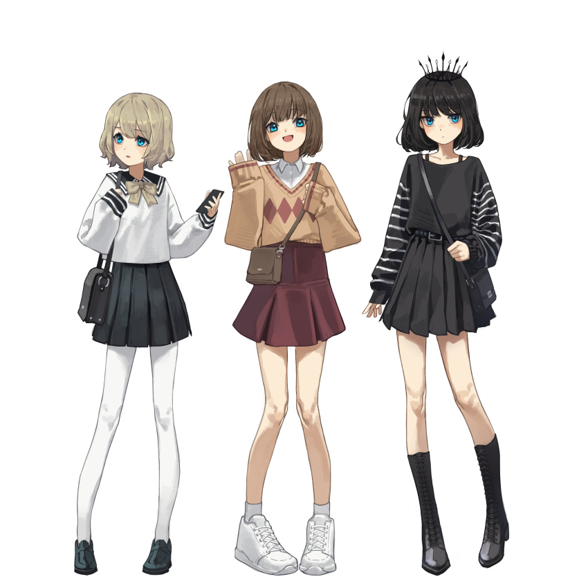 3girls :d absurdres bag bangs black_hair black_sailor_collar black_shirt blush bob_cut boots bow bowtie brown_bow brown_bowtie brown_footwear brown_hair brown_skirt brown_sweater collared_shirt crown eyebrows_visible_through_hair highres holding holding_phone knee_boots long_sleeves looking_at_viewer multiple_girls open_mouth original pantyhose phone pleated_skirt sailor_collar shiny shiny_hair shirt shoes short_hair shoulder_bag simple_background skirt sleeves_past_wrists smile socks striped_sleeves sweater white_background white_footwear white_legwear white_shirt yoon_cook