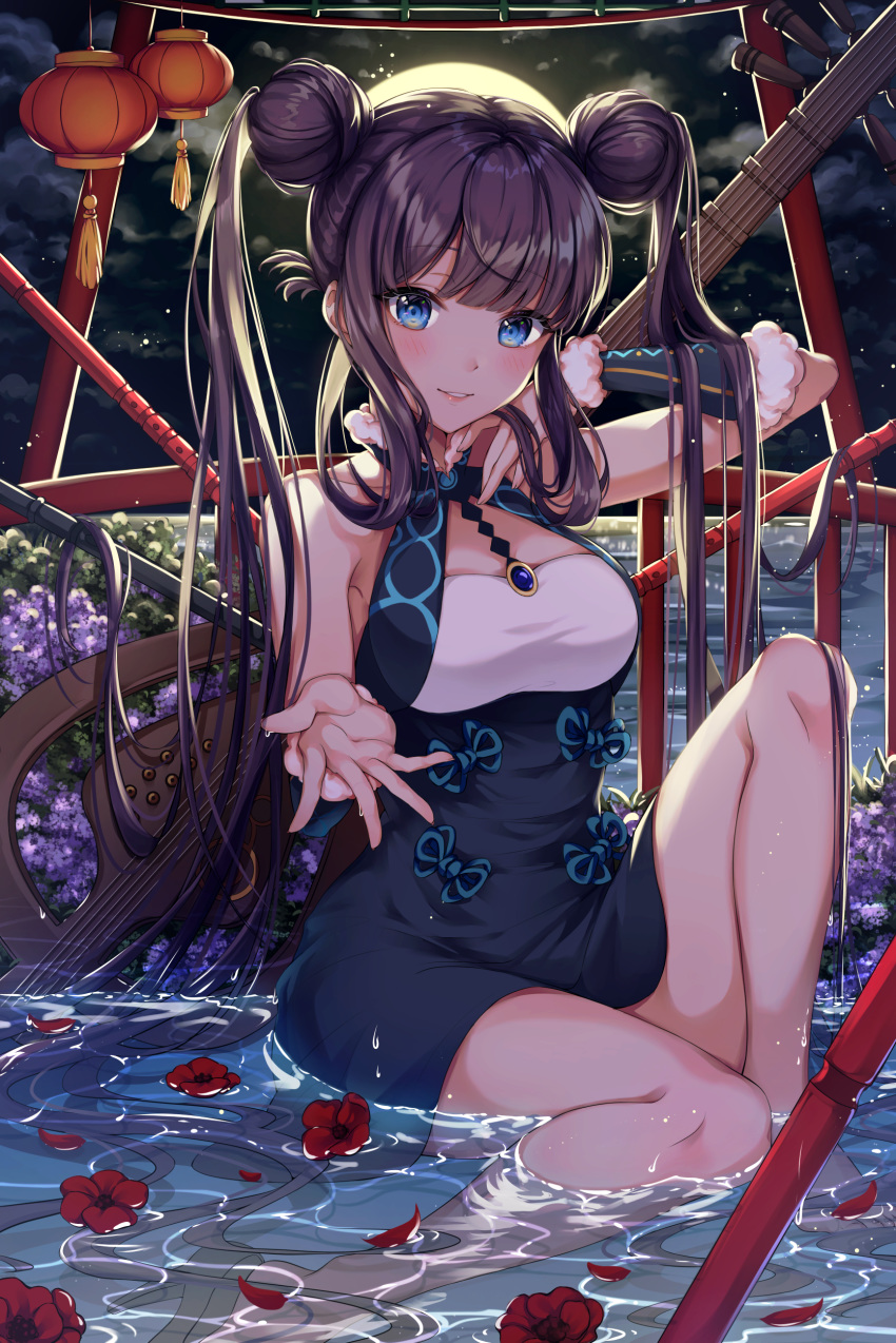 1girl absurdres bangs bare_shoulders black_dress blue_eyes blunt_bangs blush breasts china_dress chinese_clothes commentary_request dress eyebrows_visible_through_hair fate/grand_order fate_(series) flower fur_trim gem hair_ornament highres in_water large_breasts long_hair looking_at_viewer night outdoors parted_lips pruding purple_hair red_flower smile solo twintails very_long_hair yang_guifei_(fate/grand_order)