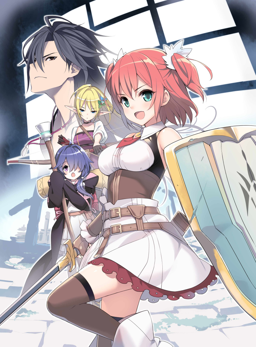 1boy 3girls :d absurdres ahoge amano_yuu aqua_eyes bangs bare_shoulders belt blonde_hair blue_eyes blue_hair blush bow_(weapon) copyright_request cover_image elf frilled_skirt frills gloves hair_ornament hair_over_one_eye highres holding holding_bow_(weapon) holding_shield holding_staff holding_sword holding_weapon long_hair long_sleeves looking_at_viewer multiple_girls novel_illustration official_art open_mouth pink_hair pointy_ears shield short_hair short_twintails sidelocks skirt sleeveless sleeves_past_wrists smile staff standing standing_on_one_leg sword thigh-highs twintails violet_eyes weapon white_skirt