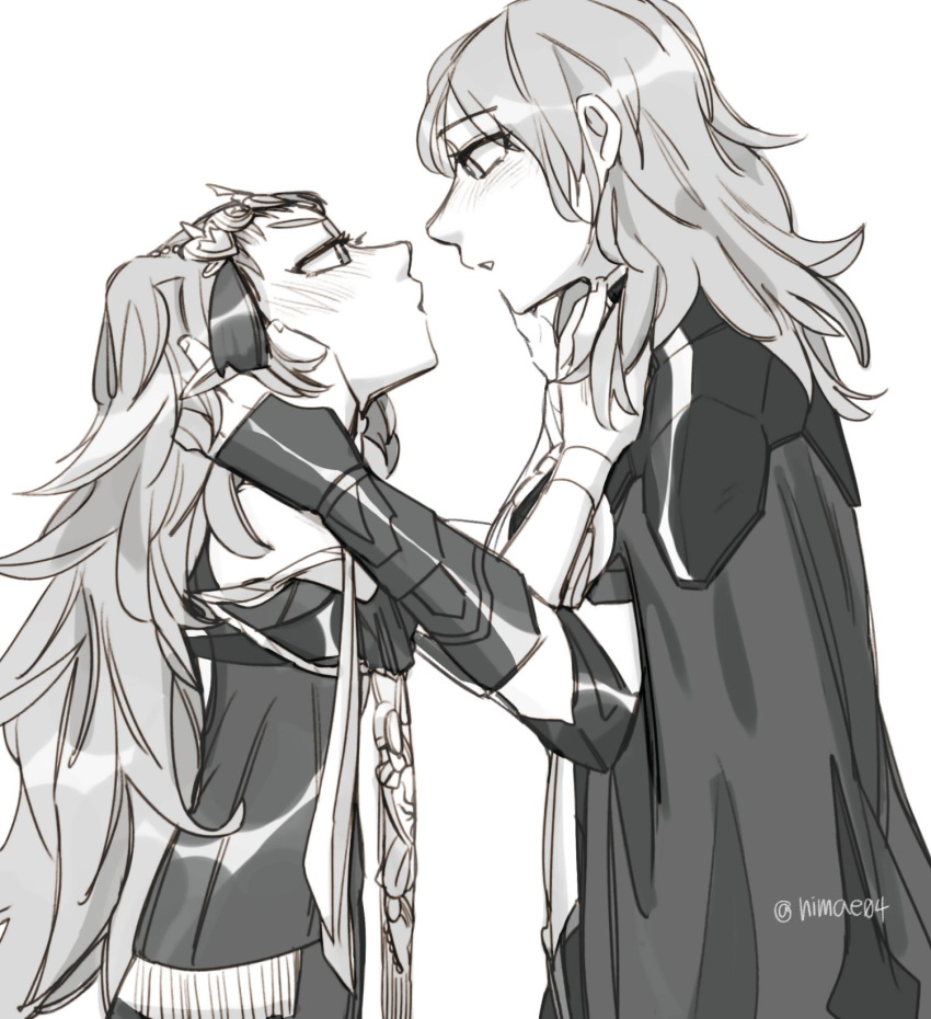 2girls armor black_cape braid byleth_(fire_emblem) byleth_eisner_(female) cape fire_emblem fire_emblem:_three_houses from_side greyscale hair_ornament hair_ribbon hands_on_another's_face highres long_hair md5_mismatch medium_hair monochrome multiple_girls nimae04 pointy_ears pout ribbon ribbon_braid sothis_(fire_emblem) tiara upper_body white_background yuri