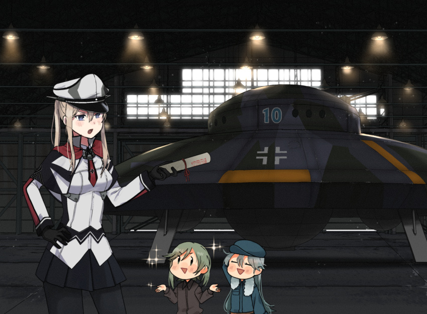 3girls aircraft annin_musou black_gloves black_legwear black_skirt blonde_hair blush capelet closed_eyes commentary_request fairy_(kantai_collection) gloves graf_zeppelin_(kantai_collection) green_hair hair_between_eyes hand_on_head hand_on_hip hat holding holding_scroll kantai_collection long_hair long_sleeves military military_uniform multiple_girls open_mouth pantyhose peaked_cap pleated_skirt scroll sidelocks skirt triangle_mouth twintails uniform violet_eyes