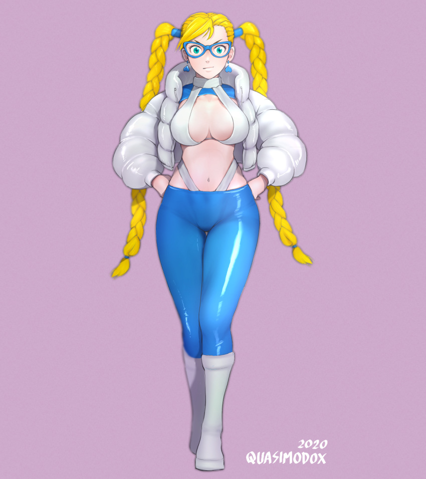 1girl alternate_hairstyle aqua_eyes bespectacled blue-framed_eyewear blue_earrings blue_pants boots braid breasts commentary cropped_jacket earrings english_commentary full_body glasses halter_top halterneck hands_on_hips heart heart_earrings highleg highleg_panties highres jewelry knee_boots large_breasts long_braid long_hair navel no_bra panties pants pink_background puffer_jacket quasimodox rainbow_mika shiny shiny_clothes shrug_(clothing) silver_footwear silver_jacket silver_panties solo street_fighter tight tight_pants twin_braids underwear very_long_hair walking