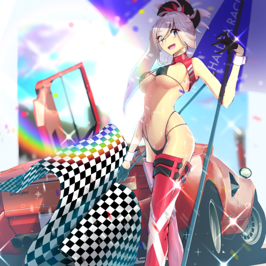 1girl artist_request asymmetrical_hair black_gloves blue_eyes boots breasts car checkered checkered_flag earrings eyebrows_visible_through_hair eyes_visible_through_hair fate/grand_order fate_(series) flag gloves ground_vehicle hair_ornament highleg highres holding holding_umbrella jewelry lamborghini large_breasts midriff miyamoto_musashi_(fate/grand_order) motor_vehicle open_mouth pink_hair ponytail racequeen rainbow solo sweat thigh-highs thigh_boots umbrella under_boob