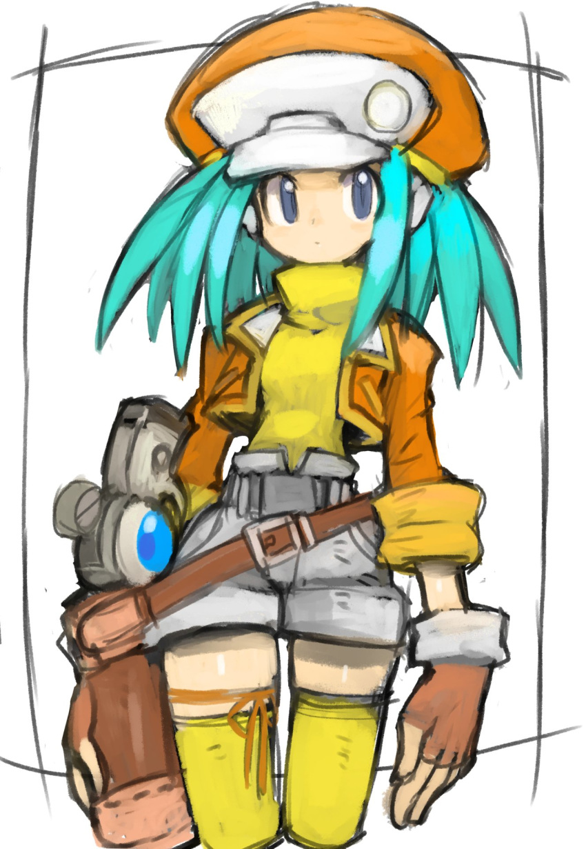 1girl alternate_color blue_eyes breasts cabbie_hat closed_mouth commentary_request dakusuta fingerless_gloves gloves hat highres jacket looking_at_viewer rockman rockman_dash roll_caskett shorts simple_background solo thigh-highs