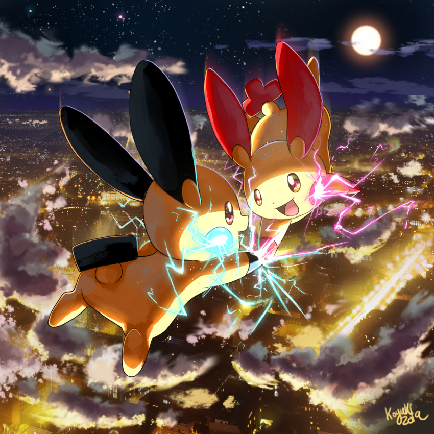2019 city clouds cloudy_sky commentary_request electricity eye_contact falling full_body gen_3_pokemon happy highres ko-yuki-chan looking_at_another minun night night_sky no_humans plusle pokemon pokemon_(creature) scenery signature sky
