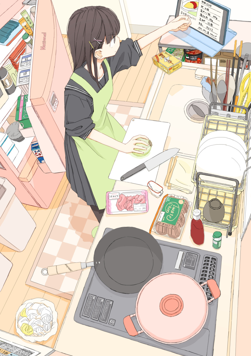 1girl apron bangs black_legwear black_sailor_collar black_serafuku black_shirt black_skirt blush brown_eyes brown_hair checkered checkered_floor chopsticks closed_mouth commentary_request cooking cutting_board eyebrows_visible_through_hair faucet food from_above frying_pan green_apron hair_ornament hairclip highres holding holding_food indoors kitchen knife long_hair meat onion original pantyhose plate pot profile recipe_(object) refrigerator sailor_collar school_uniform serafuku shirt skirt sleeves_pushed_up solo spoon standing tablet_pc trash_can usui_harusame v-shaped_eyebrows wooden_floor x_hair_ornament