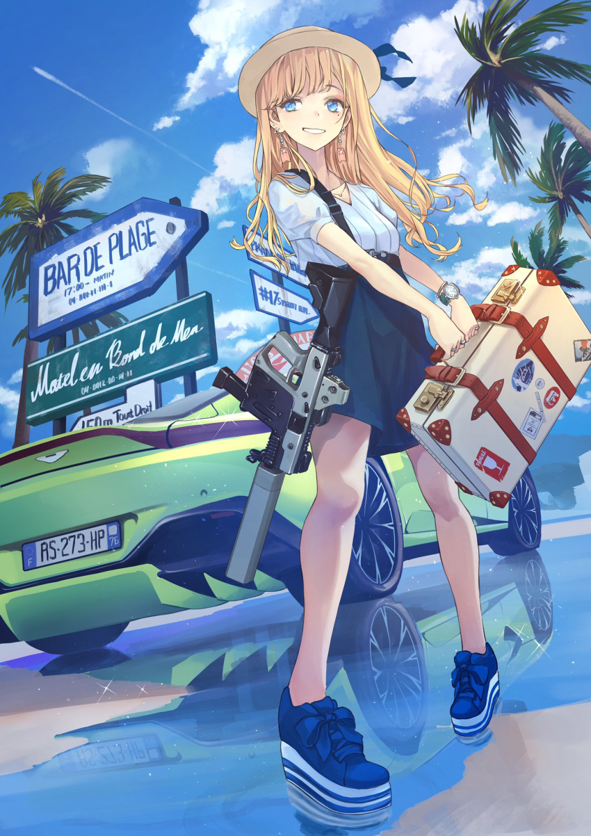 1girl aston_martin aston_martin_vantage bangle bangs belt blonde_hair blue_bow blue_eyes blue_footwear blue_ribbon blue_shirt blue_skirt blue_sky bow bracelet breasts car clouds condensation_trail day ear_piercing earrings english_commentary eotech full_body ground_vehicle gun hat hat_ribbon high-waist_skirt highres holding_case holding_suitcase jewelry koh_(minagi_kou) kriss_vector license_plate long_hair looking_at_viewer magazine_(weapon) motor_vehicle multiple_earrings multiple_rings necklace original outdoors palm_tree parted_lips piercing puffy_sleeves reflection ribbon rifle shirt shoe_bow shoes sidelocks sign skirt sky sling_(weapon) small_breasts smile sneakers solo standing submachine_gun suitcase suppressor tree watch watch weapon