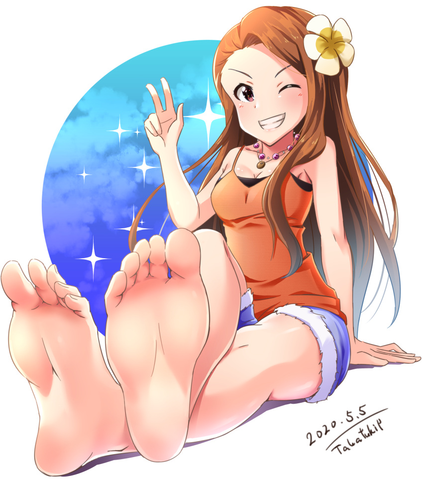 1girl absurdres bare_shoulders barefoot blush brown_eyes brown_hair crossed_ankles feet flower grin hair_flower hair_ornament highres idolmaster idolmaster_(classic) jewelry legs long_hair minase_iori necklace oolong_tea pov_feet shorts smile soles solo tank_top toes v white_background
