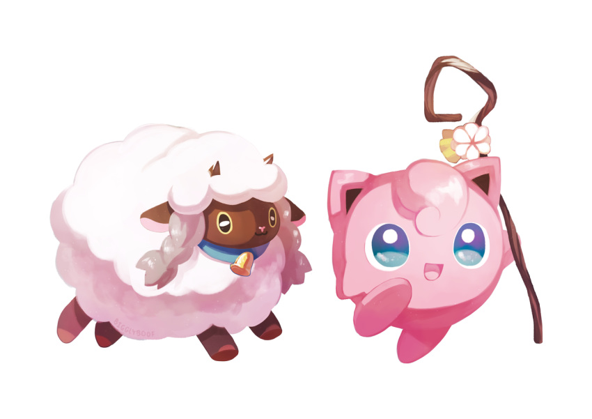 :3 :d bell bigglyboof black_eyes blue_eyes closed_mouth commentary creature english_commentary flower full_body gen_1_pokemon gen_8_pokemon happy jigglypuff no_humans open_mouth pokemon pokemon_(creature) signature simple_background smile white_background wooloo