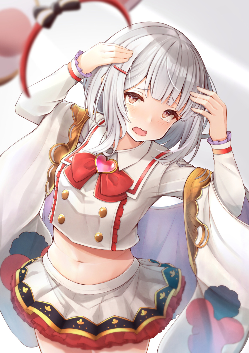 1girl animal_ears blurry bow bowtie brooch collared_shirt cowboy_shot crop_top depth_of_field detached_sleeves fake_animal_ears frown granblue_fantasy hair_ornament hairband hairclip hands_up heart highres jewelry keima_ron long_sleeves looking_at_viewer midriff miniskirt mouse_ears navel open_mouth red_eyes shirt short_hair silver_hair skirt solo stomach vikala_(granblue_fantasy) white_shirt white_skirt wide_sleeves