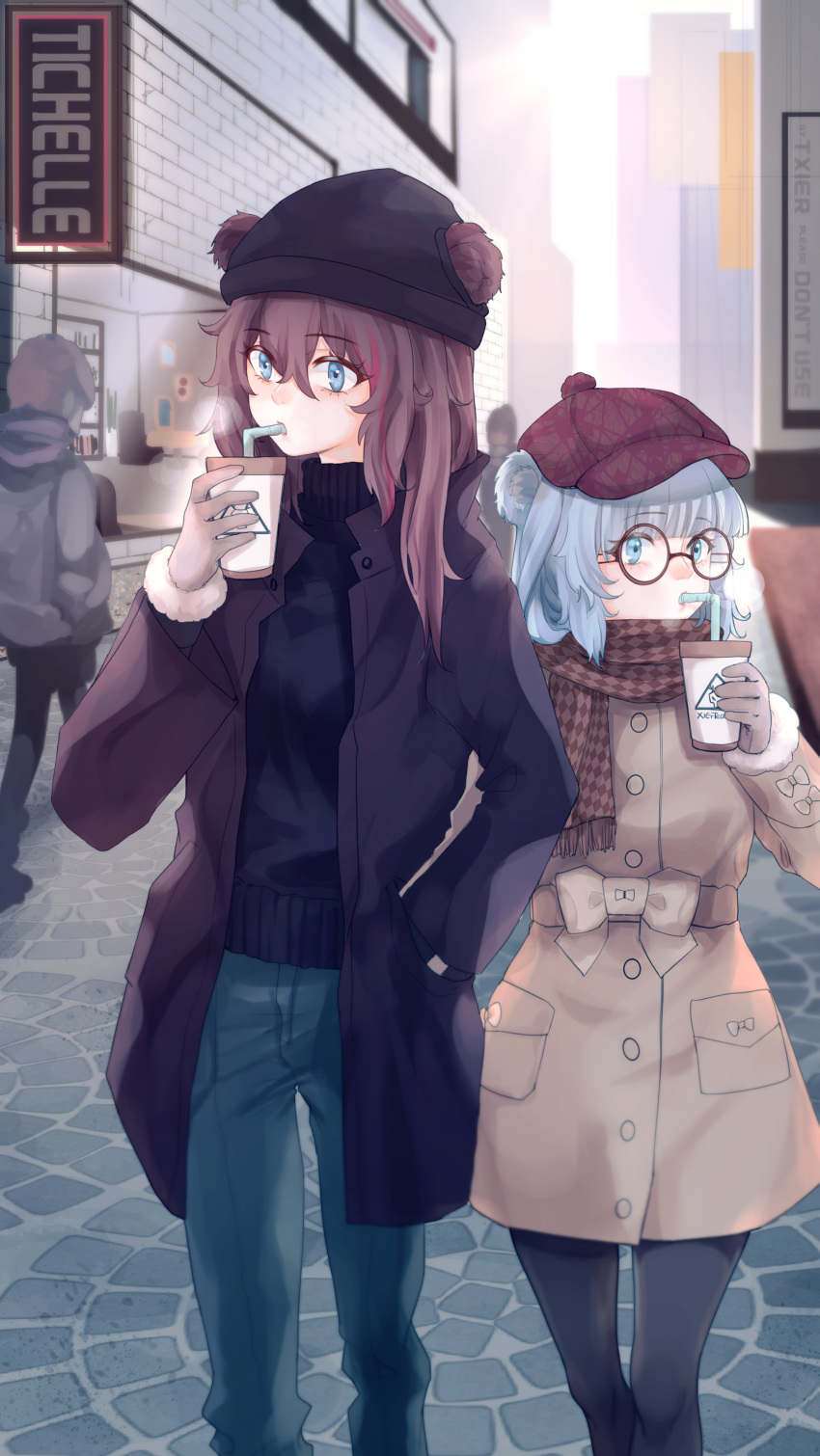 2girls absurdres alternate_costume animal_ears arknights bangs beanie bear_ears black-framed_eyewear black_headwear black_jacket black_legwear black_shirt blue_eyes blue_hair blue_pants breath brown_hair brown_scarf cabbie_hat casual chinese_commentary commentary_request contemporary cup denim drinking_straw ears_through_headwear eyebrows_visible_through_hair feet_out_of_frame fur-trimmed_sleeves fur_trim glasses gloves grey_gloves grey_jacket hair_between_eyes hand_in_pocket hand_up hat highres holding holding_cup istina_(arknights) jacket jeans long_hair long_sleeves multicolored_hair multiple_girls open_clothes open_jacket pants pantyhose redhead round_eyewear scarf shirt standing streaked_hair ya_kexi zima_(arknights)
