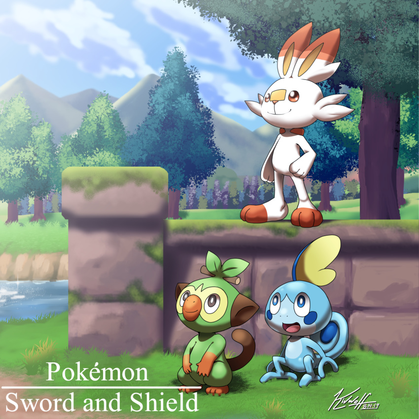 :d blue_sky closed_mouth clouds cloudy_sky commentary copyright_name creature dated day english_commentary full_body gen_8_pokemon grookey highres kivwolf lake no_humans open_mouth outdoors pokemon pokemon_(creature) scorbunny signature sitting sky smile sobble standing tree water