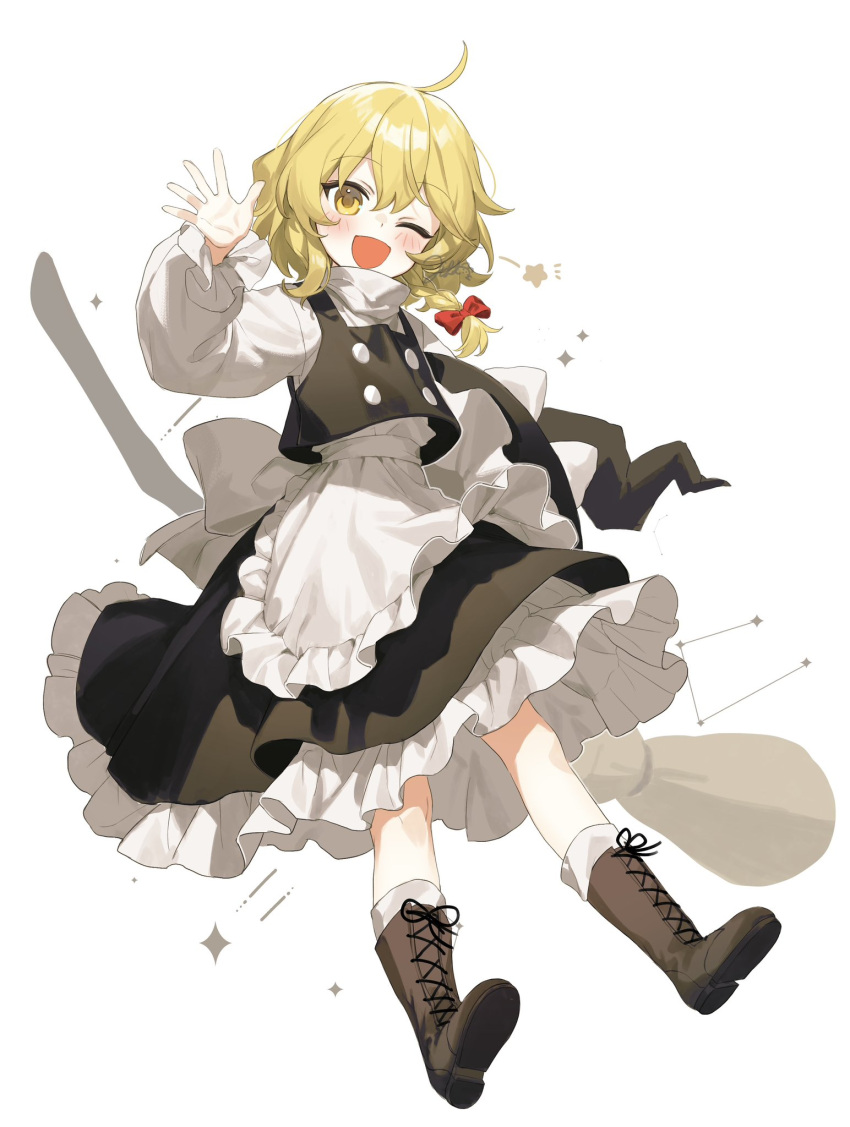 1girl ;d ahoge apron black_footwear black_skirt black_vest blonde_hair blush boots bow braid broom commentary_request cross-laced_footwear frilled_apron frilled_skirt frills full_body hair_between_eyes hair_bow hand_up happy highres jill_07km kirisame_marisa long_sleeves looking_at_viewer no_headwear one_eye_closed open_mouth red_bow shirt short_hair simple_background single_braid skirt smile solo sparkle star_(symbol) touhou vest waist_apron waving white_apron white_background white_shirt yellow_eyes