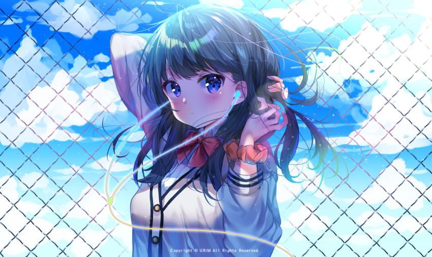 1girl artist_name bangs black_hair blue_eyes blush bow breasts cardigan commentary_request day eyebrows_visible_through_hair fence frown highres long_hair long_sleeves looking_at_viewer orange_scrunchie outdoors red_bow red_neckwear scrunchie solo ssss.gridman takarada_rikka urim_(paintur) white_cardigan wrist_scrunchie