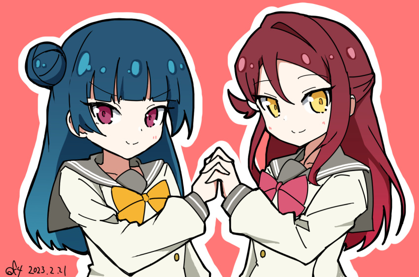 2girls blunt_bangs bow bowtie dated grey_sailor_collar hair_between_eyes hair_bun half_updo highres holding_hands interlocked_fingers long_hair long_sleeves looking_at_viewer love_live! love_live!_sunshine!! multiple_girls oofushi_ao outline red_background red_bow red_bowtie red_eyes redhead sailor_collar sakurauchi_riko shirt sidelocks signature single_side_bun tsushima_yoshiko upper_body v-shaped_eyebrows white_outline white_shirt yellow_bow yellow_bowtie yellow_eyes