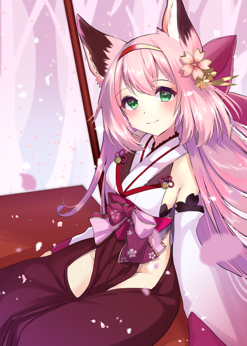 1girl absurdres animal_ears azur_lane bare_shoulders blush breasts chan'nu cherry_blossoms detached_sleeves eyebrows_visible_through_hair flower fox_ears fox_girl gradient gradient_background green_eyes hair_between_eyes hair_ornament hairband hanazuki_(azur_lane) highres japanese_clothes kimono large_breasts long_hair long_sleeves looking_at_viewer no_panties petals pink_flower pink_hair sitting smile solo white_kimono wide_sleeves