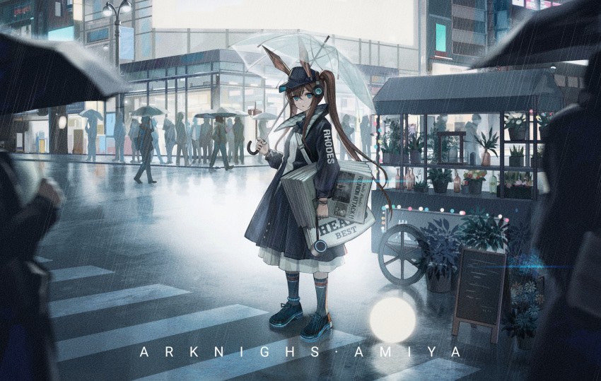 1girl amiya_(arknights) animal_ears arknights black_coat blue_eyes brown_hair cabbie_hat cart character_name cityscape coat copyright_name crosswalk crowd hat headphones highres holding long_hair long_sleeves looking_at_viewer newspaper open_clothes open_coat outdoors ponytail rabbit_ears rain shoes socks solo solo_focus standing umbrella wide_shot zhai