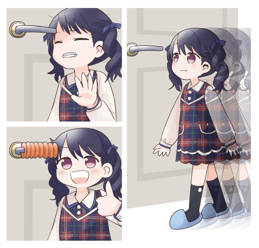 1girl :d afterimage before_and_after black_hair chibi clenched_teeth closed_eyes commentary_request door door_handle dress eyebrows_visible_through_hair fang fukumaru_koito idolmaster idolmaster_shiny_colors medium_hair meme moldau_(onsoku_pomuraisu) open_mouth partial_commentary plaid plaid_dress ribbon slippers smile socks teeth thumbs_up twintails unmoving_pattern violet_eyes