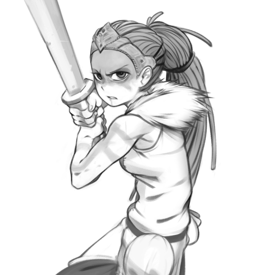 1girl bags_under_eyes blood blood_from_mouth bodypaint celtic facepaint fighting_stance forehead forehead_protector fur_collar greyscale hair_pulled_back hellblade highres holding holding_sword holding_weapon kelvin_hiu long_hair monochrome ponytail senua sleeveless solo sword weapon