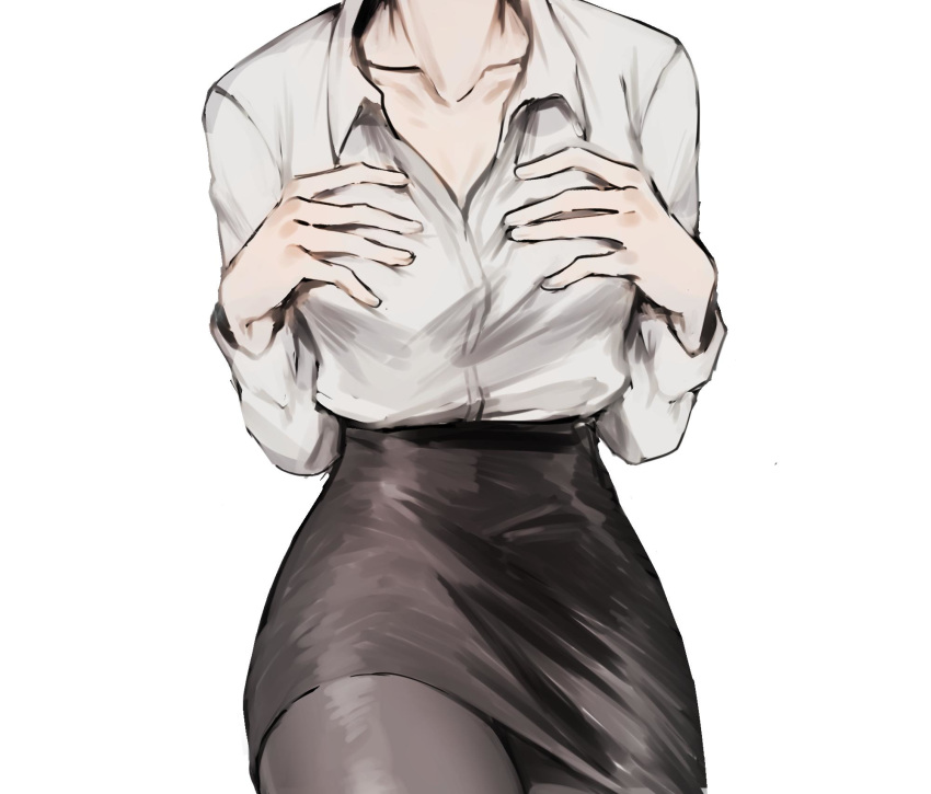 1girl black_skirt buttoniris collared_shirt commentary english_commentary facing_viewer grey_legwear hands_up head_out_of_frame highres long_sleeves miniskirt original pantyhose pencil_skirt shirt simple_background skirt solo white_background white_shirt wing_collar