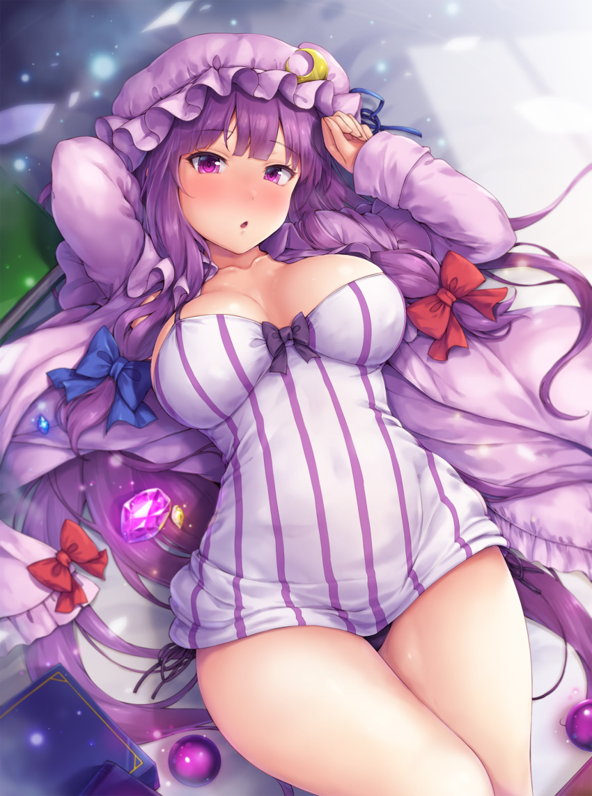 1girl :o bangs blue_bow blunt_bangs blush book bow breasts cowboy_shot crescent crescent_moon_pin dress gem hair_bow hat highres large_breasts long_sleeves looking_at_viewer lying mob_cap on_back panties patchouli_knowledge purple_dress purple_hair purple_headwear purple_panties red_bow short_dress snowcanvas striped striped_dress touhou underwear violet_eyes