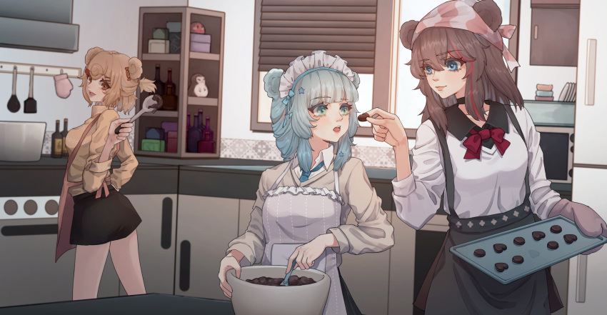 3girls :d absurdres animal_ears apron aqua_eyes arknights bangs bear_ears beige_shirt black_skirt blonde_hair blue_hair blush bottle breasts brown_eyes candy chinese_commentary chocolate chocolate_heart commentary_request cowboy_shot eyebrows_visible_through_hair food grey_apron grey_shirt gummy_(arknights) hair_between_eyes hair_ornament hairclip half_updo hand_up head_scarf heart highres holding holding_spoon holding_tray indoors istina_(arknights) long_sleeves looking_at_viewer maid_headdress medium_breasts miniskirt mixing_bowl multiple_girls open_mouth oven_mitts shirt short_hair skirt smile spoon standing suspenders thighs tray white_shirt ya_kexi zima_(arknights)