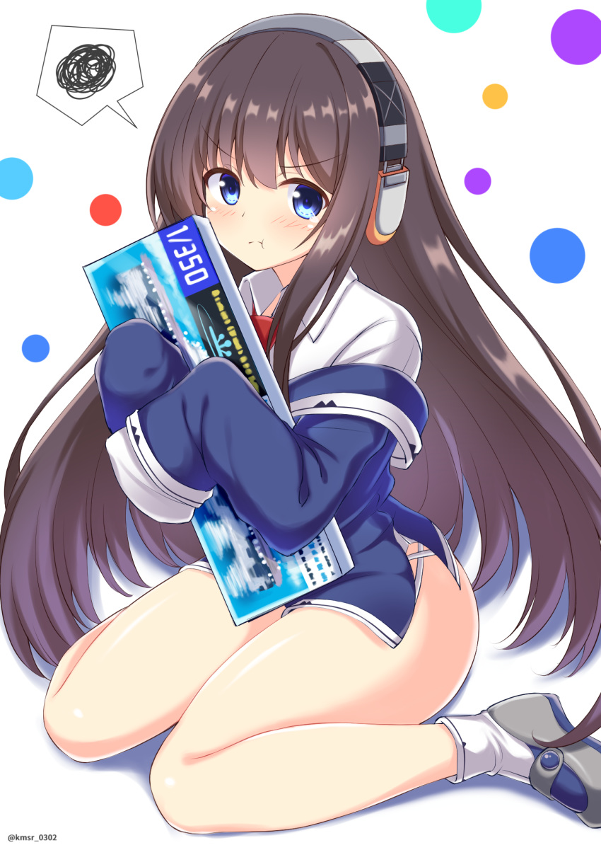 1girl :t azur_lane bangs blue_eyes blue_jacket blush brown_hair closed_mouth collared_shirt commentary_request eyebrows_visible_through_hair grey_footwear headphones highres jacket kamishiro_(rsg10679) long_hair long_island_(azur_lane) long_sleeves looking_at_viewer object_hug off_shoulder pout red_neckwear shirt shoes sitting sleeves_past_fingers sleeves_past_wrists socks solo spoken_squiggle squiggle thighs v-shaped_eyebrows very_long_hair wariza white_background white_legwear white_shirt
