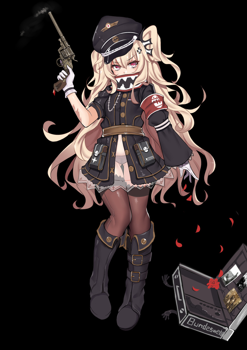 1girl absurdres armband black_background black_footwear black_headwear black_legwear black_panties blonde_hair boots covered_mouth eyebrows_visible_through_hair girls_frontline gloves gun handgun hat highres holding holding_gun holding_weapon knee_boots long_hair looking_at_viewer original panties pantyhose pink_eyes revolver scar simple_background slm solo underwear very_long_hair wavy_hair weapon white_gloves