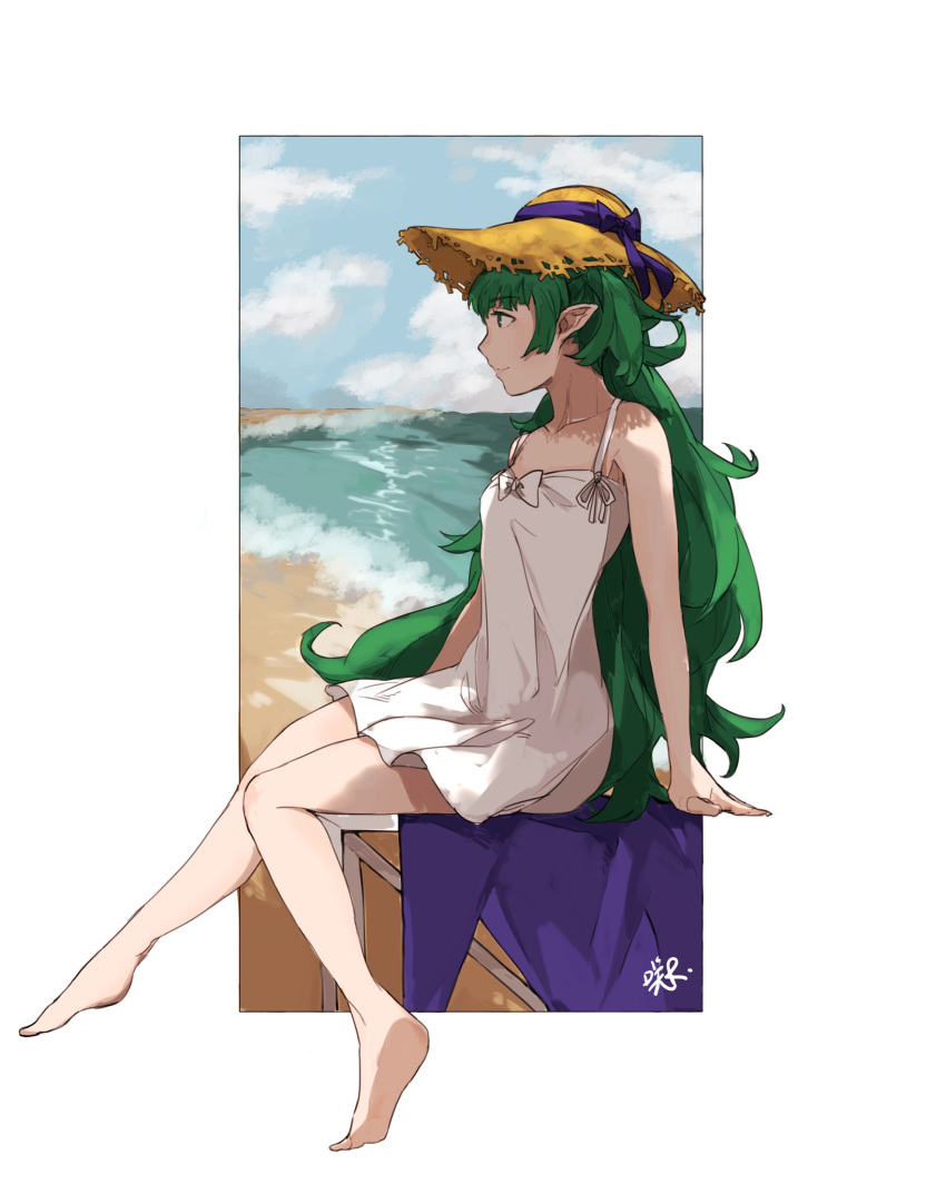 1girl alternate_costume barefoot beach blue_sky closed_mouth clouds dress elf fire_emblem fire_emblem:_three_houses fire_emblem:_three_houses fire_emblem_16 from_side full_body green_eyes green_hair hat hat_ribbon highres intelligent_systems knees_together_feet_apart loli long_hair looking_away manakete nintendo ocean outside_border pale_skin pointy_ears profile ribbon sakuuremi short_dress sitting sky sleeveless sleeveless_dress solo sothis_(fire_emblem) straw_hat summer sun_hat sundress very_long_hair water