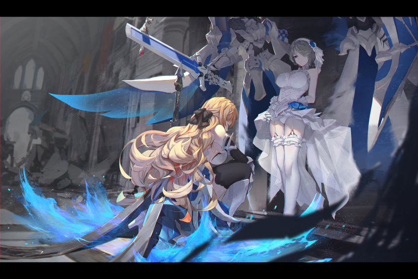 2girls arch armor armored_boots asa_ni_haru bangs banner bare_shoulders black_bow black_legwear blonde_hair blue_eyes blue_fire blurry boots bow breasts cross-laced_clothes depth_of_field dress durandal_(honkai_impact) dutch_angle elbow_gloves fire flower frills full_armor garter_straps gauntlets gloves hair_bow hair_ornament hair_over_one_eye hairband half-closed_eyes half_updo highres honkai_(series) honkai_impact_3rd indoors large_breasts letterboxed long_hair looking_at_another looking_down multiple_girls one_knee panties red_eyes rita_rossweisse ruins short_hair sideboob skindentation smile standing thigh-highs thigh_strap underwear veil very_long_hair white_gloves white_legwear white_panties