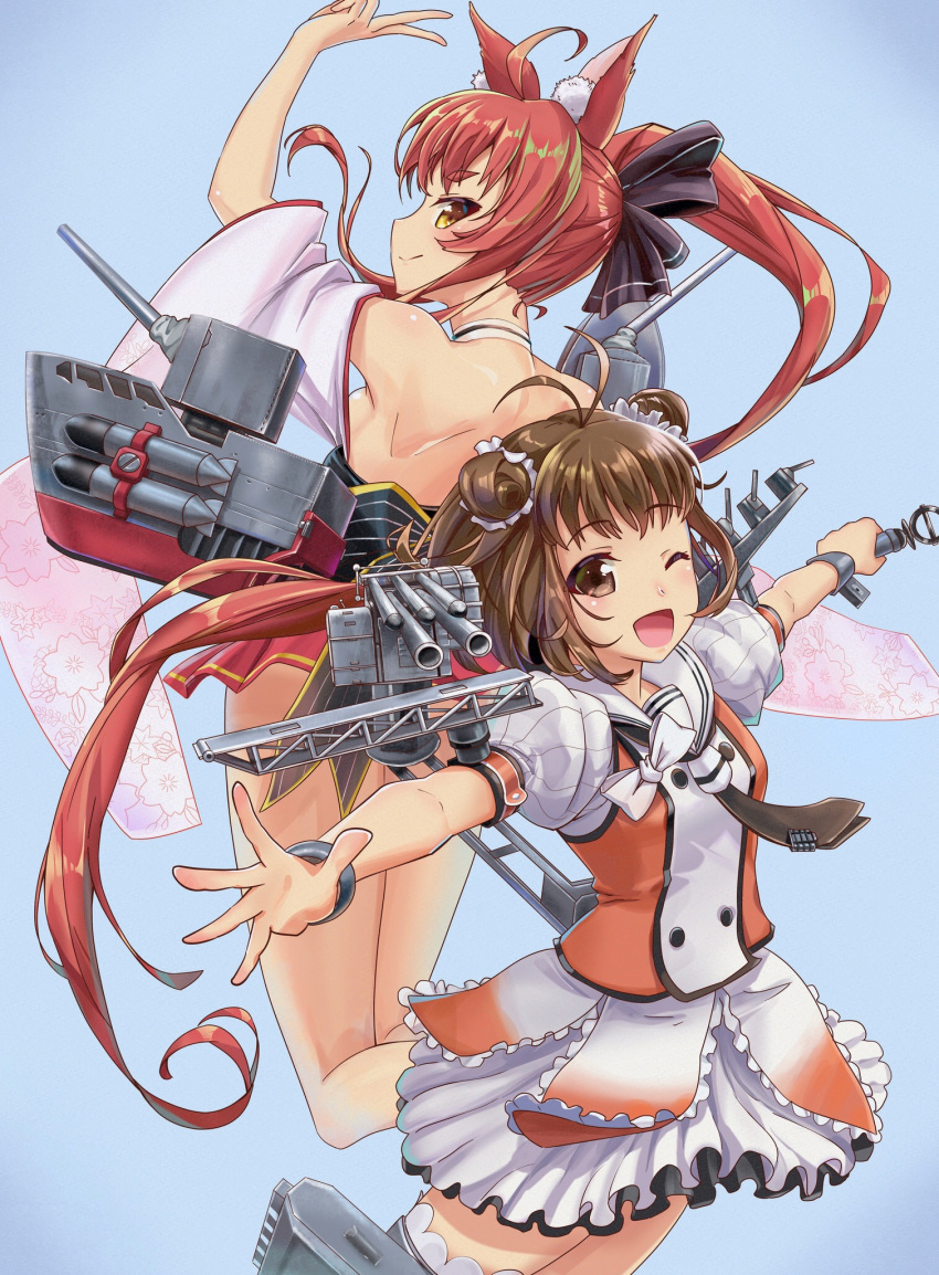 2girls ahoge animal_ears antenna_hair azur_lane back-to-back brown_eyes brown_hair cannon commentary_request cowboy_shot double-breasted double_bun floral_print fox_ears fox_tail frilled_skirt frills from_behind highres kantai_collection long_hair looking_at_viewer looking_back machinery microphone multiple_girls naka_(azur_lane) naka_(kantai_collection) namesake off-shoulder_kimono one_eye_closed orange_eyes ponytail redhead remodel_(kantai_collection) sailor_collar school_uniform serafuku skirt tail tarou_(user_tpmh7442) thigh-highs turret white_sailor_collar white_skirt