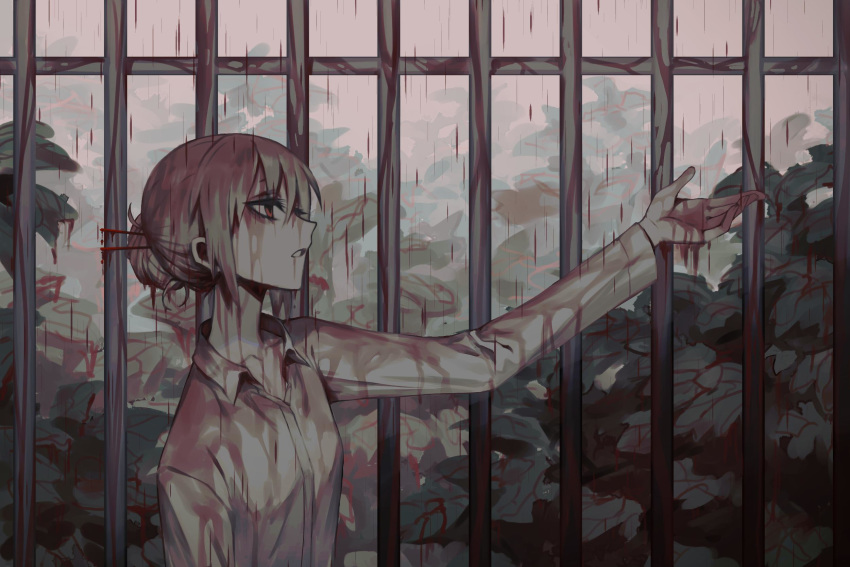 1girl buttoniris collared_shirt commentary english_commentary from_side grey_hair grey_shirt hair_bun hair_ornament hairpin hand_up highres long_sleeves original parted_lips plant raining_blood red_eyes shirt solo two_(buttoniris) upper_body wing_collar