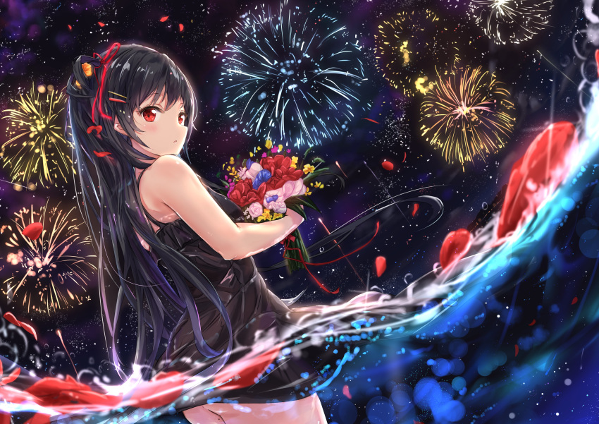 1girl :o absurdres ass bangs black_dress blush bouquet commentary_request dress dutch_angle eyebrows_visible_through_hair fireworks flower from_behind hair_ornament hair_ribbon hairclip highres holding holding_bouquet long_hair looking_at_viewer looking_back na_kyo night night_sky no_panties one_side_up original parted_lips partially_underwater_shot pink_flower pink_rose red_eyes red_flower red_ribbon ribbon rose sky sleeveless sleeveless_dress solo very_long_hair wading water