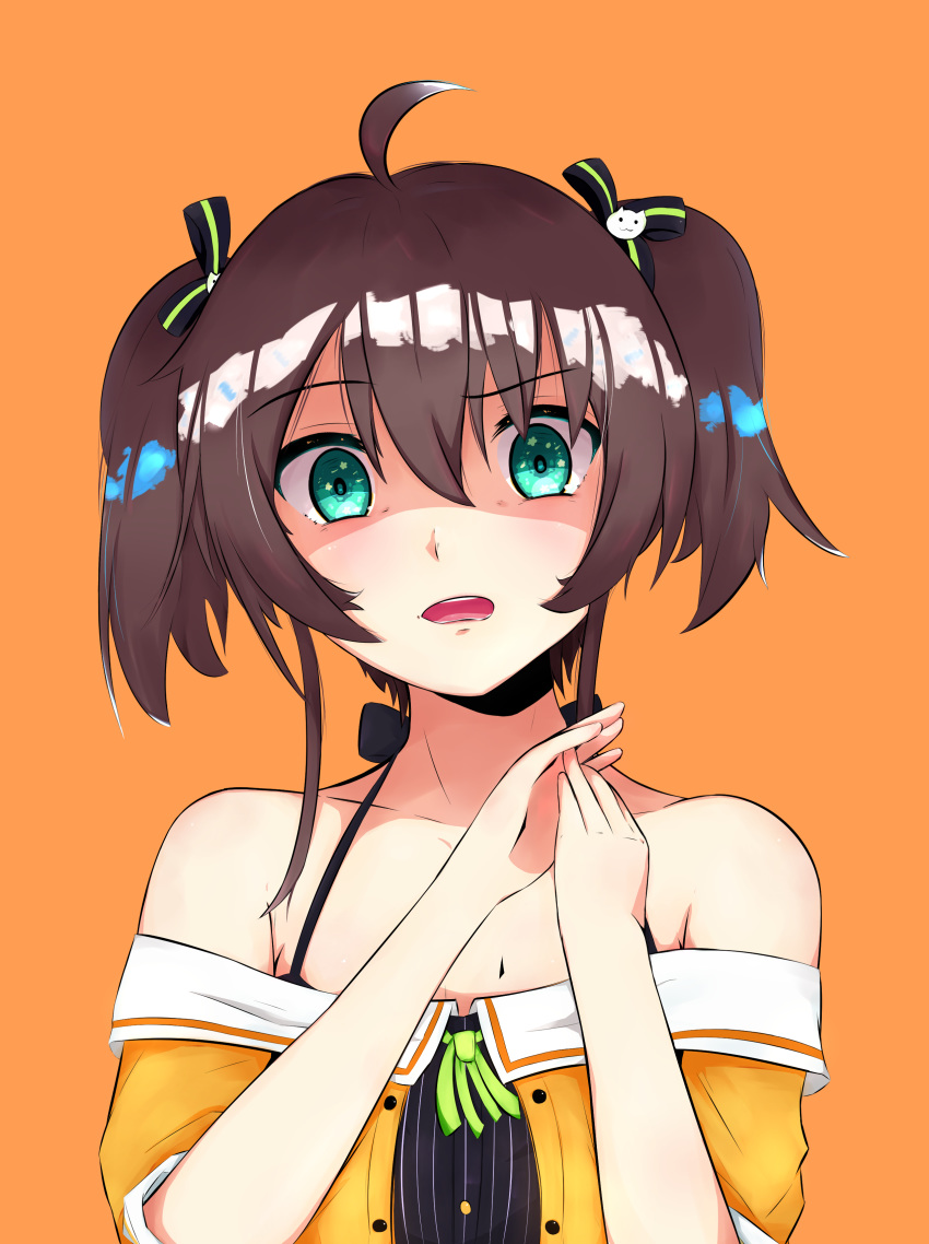 1girl absurdres bangs breasts brown_hair camisole collarbone disgust eye_contact eyebrows_visible_through_hair facing_viewer green_eyes hair_between_eyes hair_ornament hair_ribbon hands_together highres hololive jacket looking_at_another looking_at_viewer open_mouth orange_background pugpuggy ribbon short_twintails simple_background solo tied_hair twintails virtual_youtuber